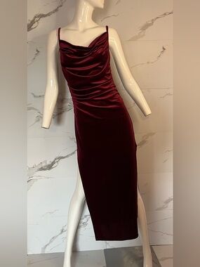 NWT SHEIN Wine Red Velvet Cowl Midi Dress Dual Side Slits Size M. Party, Date